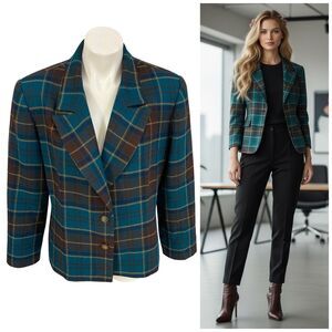 Career Blazer Womens Sz 14 Green Plaid Jacket Workwear Business Casual Old Money